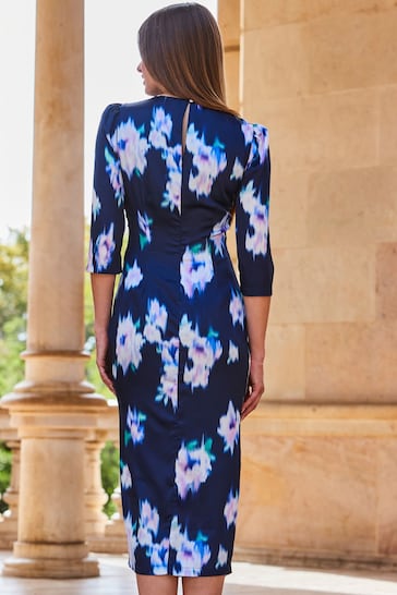 Sosandar Blue Floral Print Ruched Side Satin Midi Dress