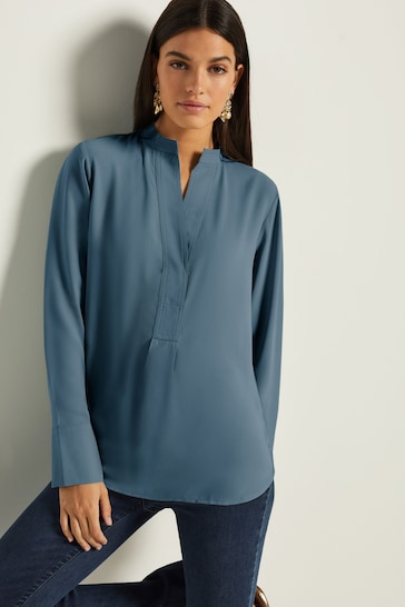 Blue Long Sleeve Overhead V-Neck Relaxed Fit Blouse