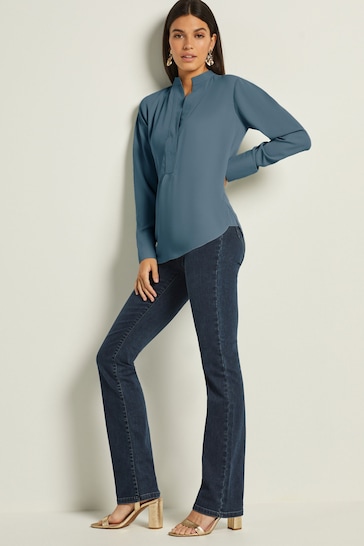 Blue Long Sleeve Overhead V-Neck Relaxed Fit Blouse