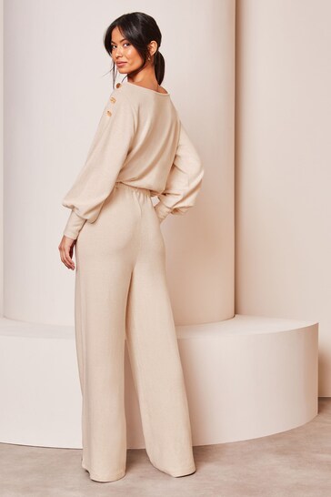 Lipsy Cream Cosy Off The Shoulder Long Sleeve Jumpsuit