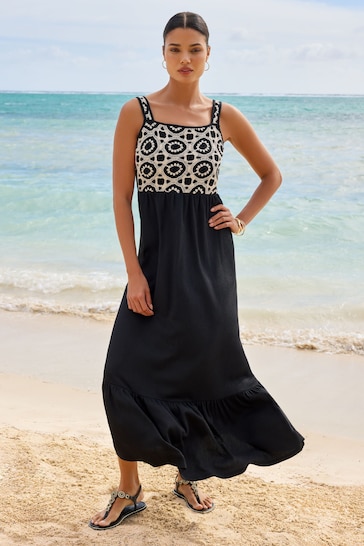 Lipsy Black/White Crochet Mix Cami Holiday Shop Maxi Dress