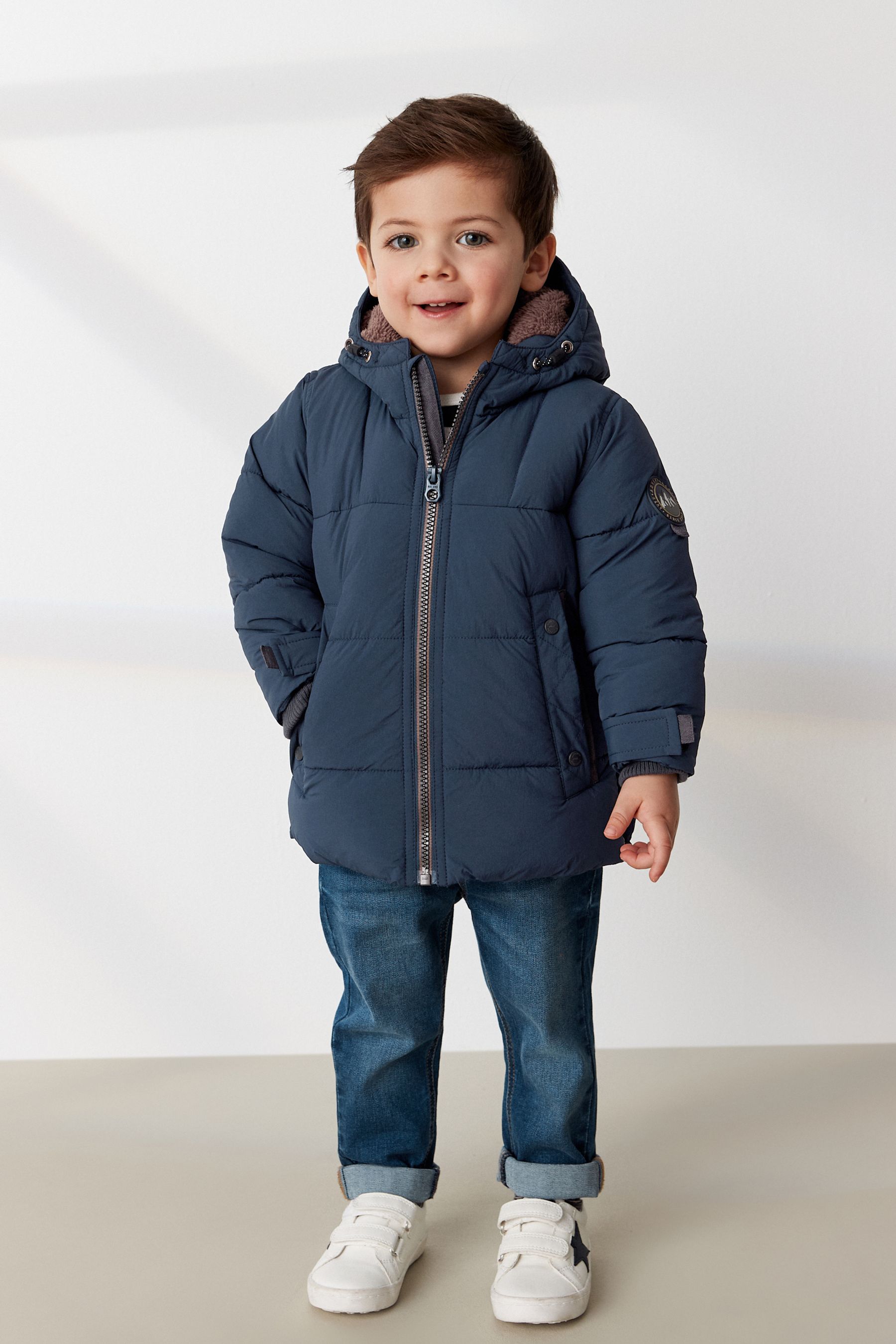 Buy Navy Borg Lined Shower Resistant Hooded Padded Coat 3mths 7yrs from the Next UK online shop