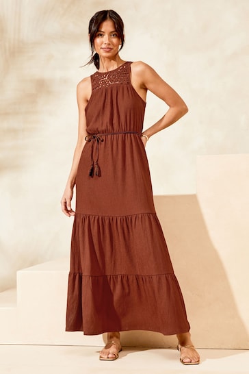 Lipsy Brown Petite Crochet Hybrid Racer Tiered Holiday Summer Cover Up Dress