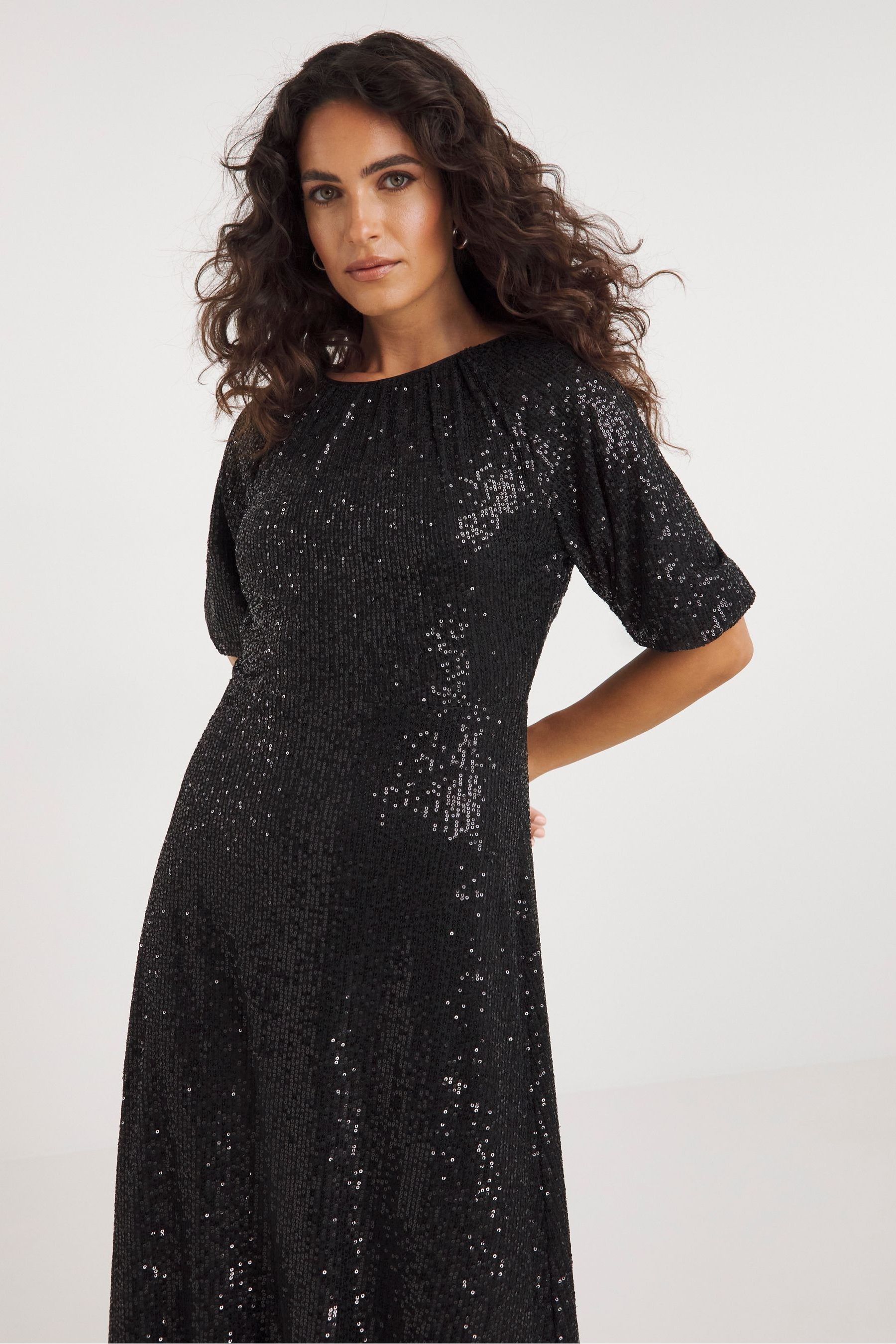 Buy JD Williams Linear Sequin Puff Sleeve Black Midi Dress from