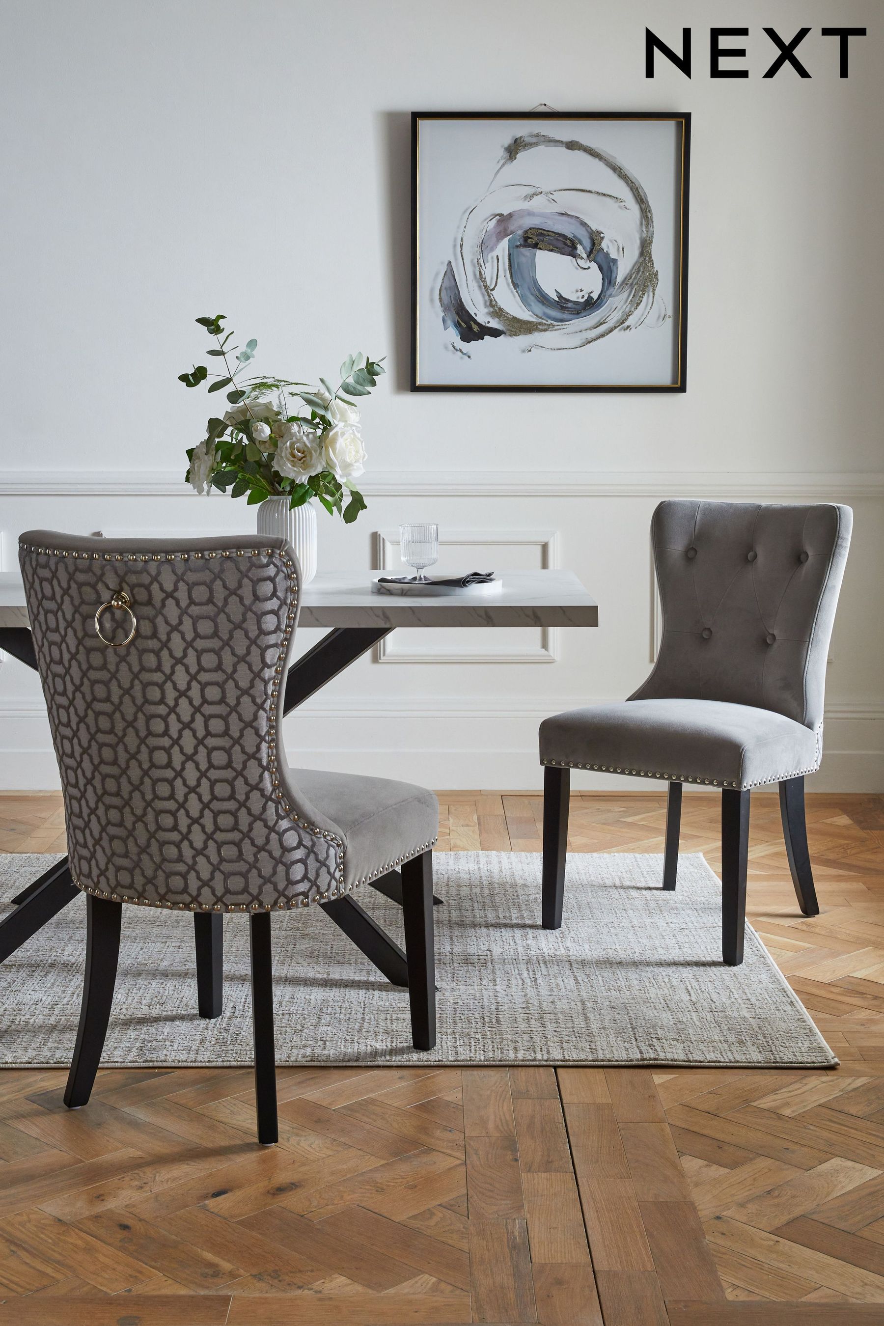 Woven Geometric Silver Blair Black Leg Dining Chairs Set of 2