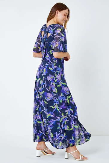 Roman Blue Floral Print Chiffon Maxi Dress