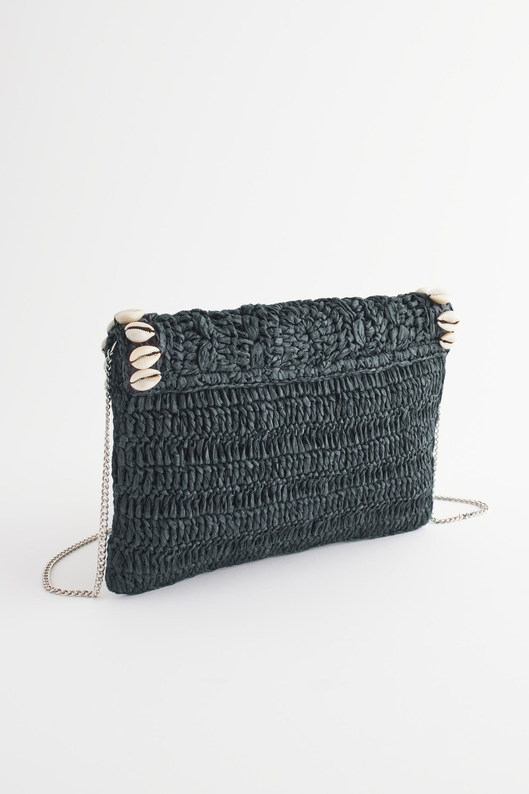 Black White Raffia Shell Clutch Bag