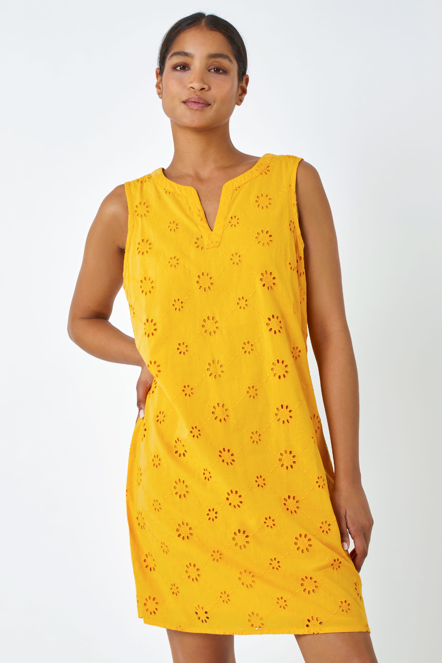 Roman Yellow Broderie Detail Sleeveless Shift Dress