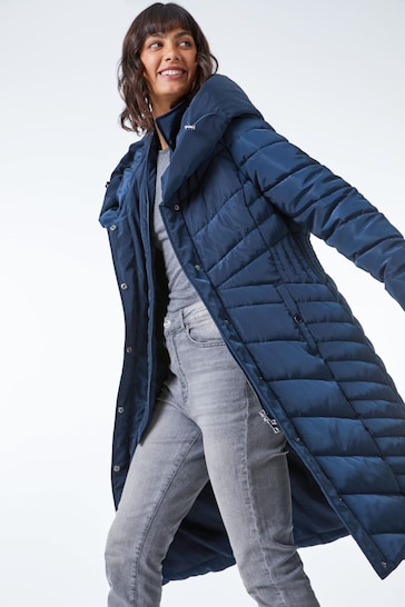 Roman Blue Hooded Chevron Quilted Coat
