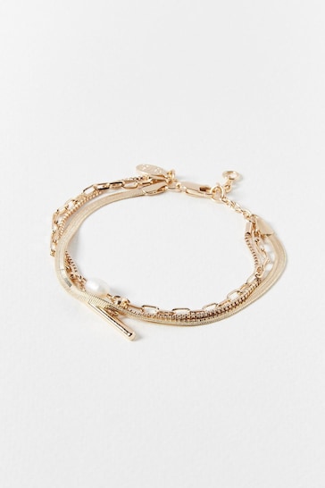 Oliver Bonas Gold Tone Rosalind Freshwater Pearl and Bar Layered Chain Bracelet