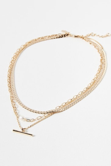 Oliver Bonas Gold Tone Rosalind Chain, Freshwater Pearl and Bar Layered Necklace
