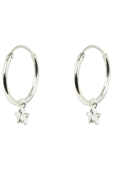 Oliver Bonas Haru Engraved Star Charm Silver Hoop Earrings