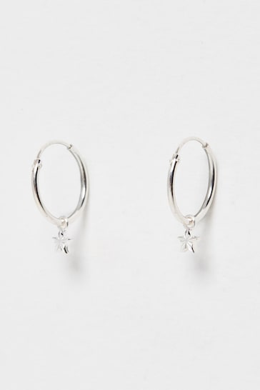 Oliver Bonas Haru Engraved Star Charm Silver Hoop Earrings