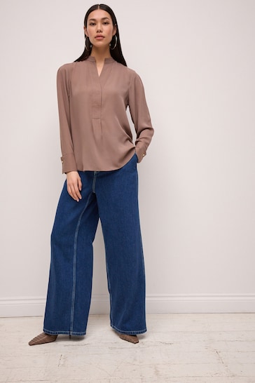 Taupe Long Sleeve Overhead V-Neck Relaxed Fit Blouse