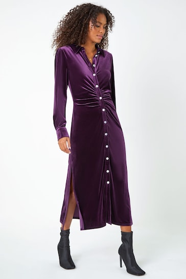 Roman Purple Ruched Velvet Midi Shirt Dress