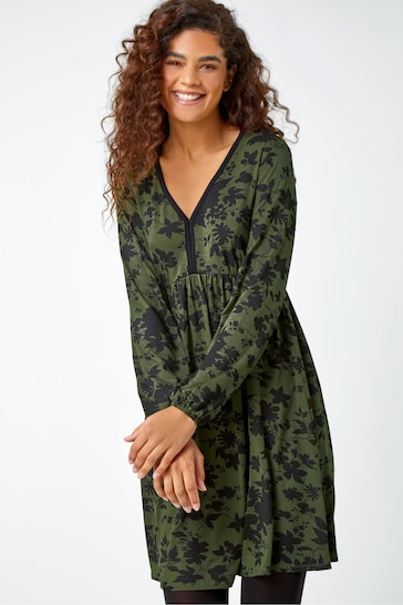 Roman Green Floral Contrast Trim Stretch Dress