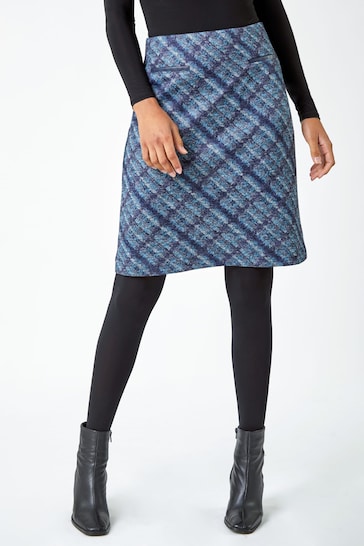 Roman Blue Check Print Stretch Pencil Skirt