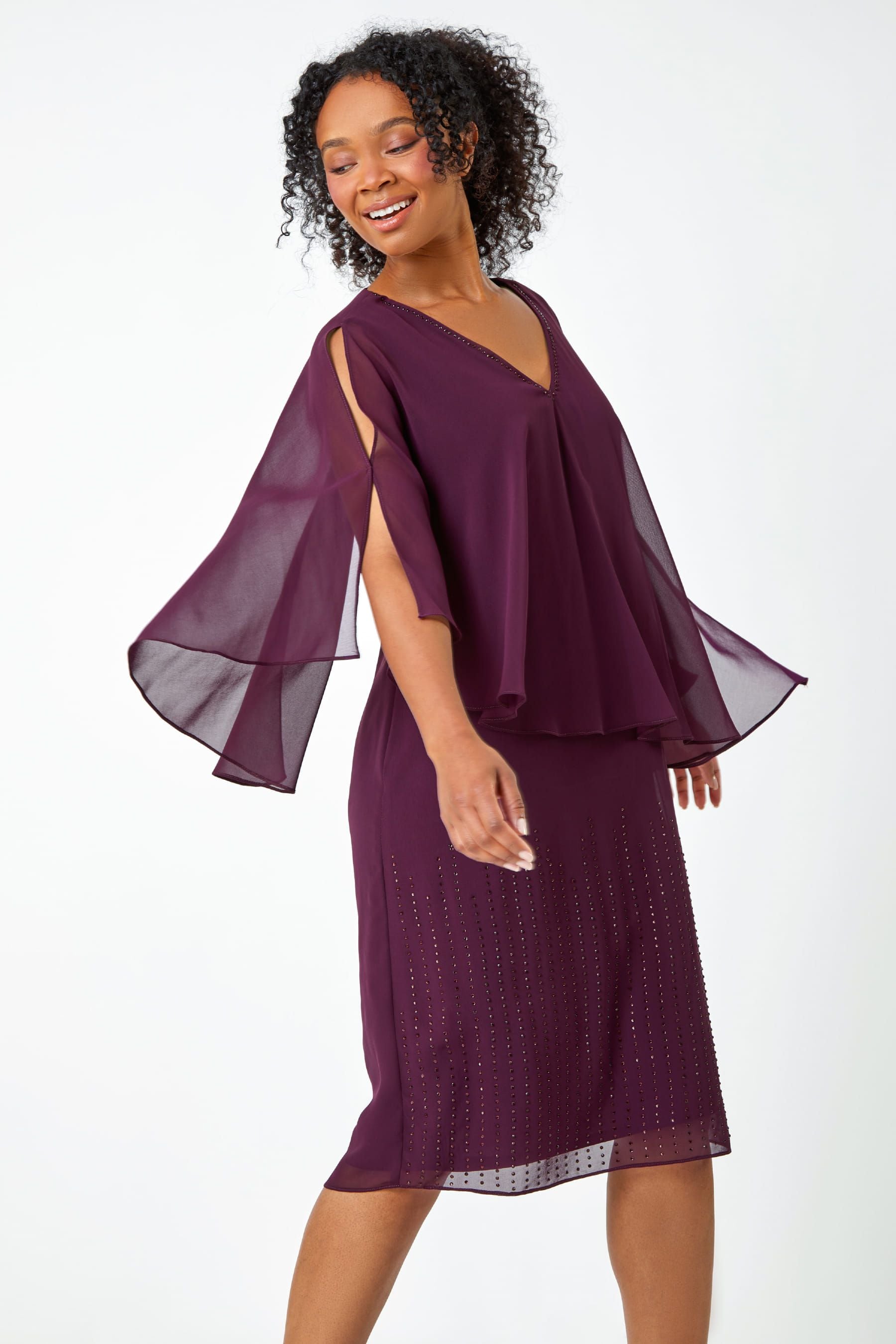 Buy Roman Purple Petite Embellished Chiffon Overlay Dress from the