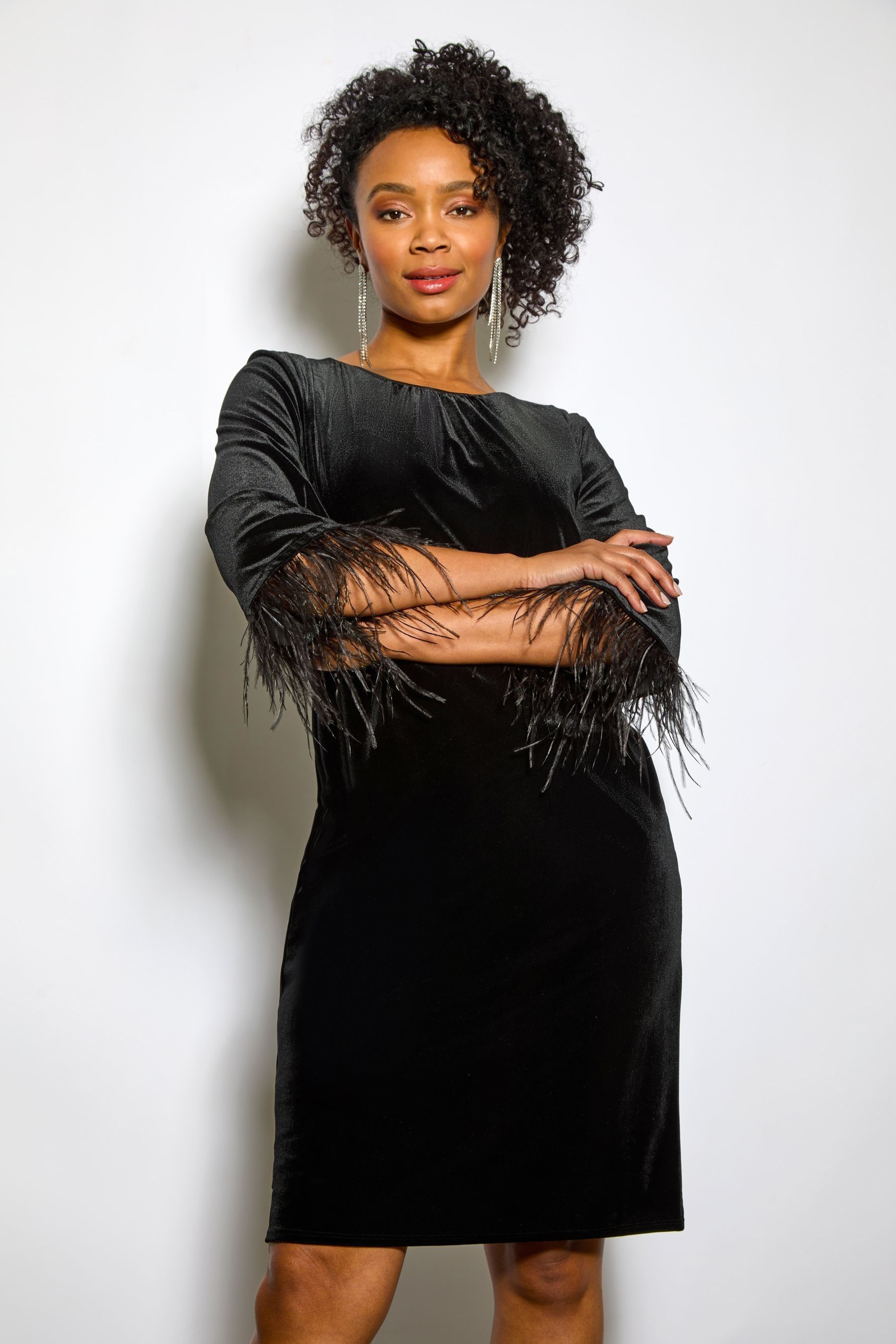 Roman Black Petite Velvet Feather Trim Stretch Dress