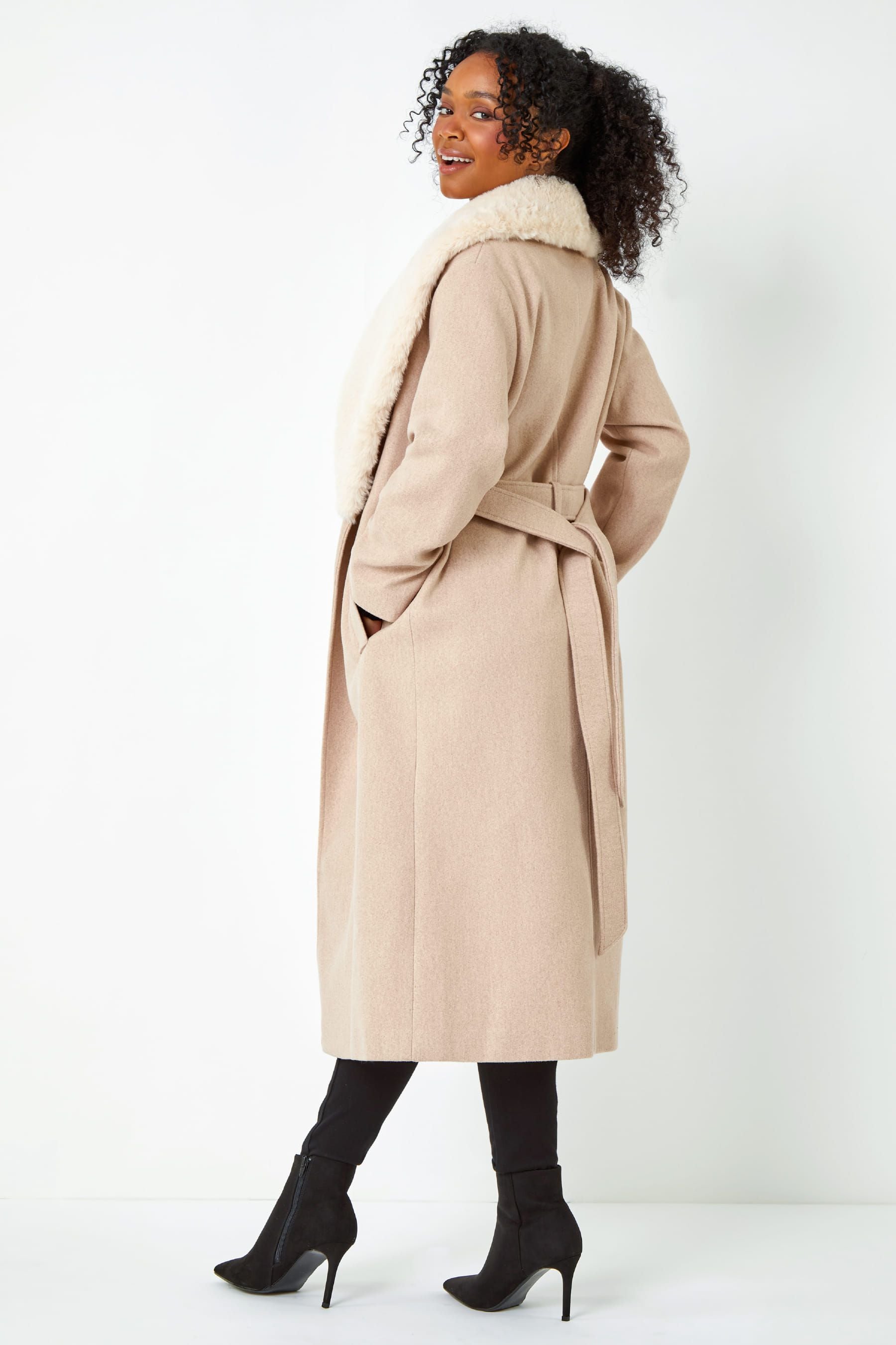 Buy Roman Natural Petite Faux Fur Collar Belted Coat from the Next