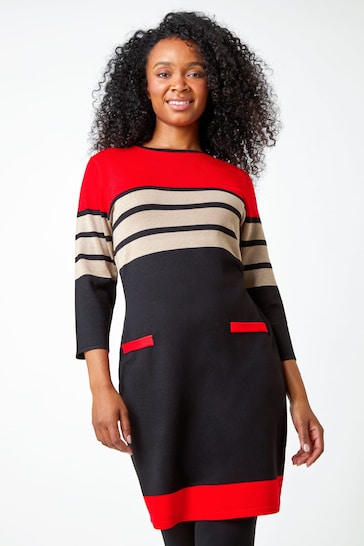 Roman Red Petite Stripe Print Pocket Jumper Dress