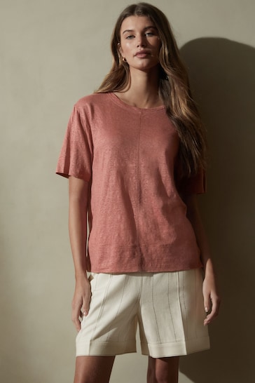 Rose Pink Premium 100% Linen Crew Neck Short Sleeve T-Shirt