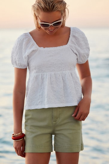 White Textured Puff Sleeve Square Neck Top