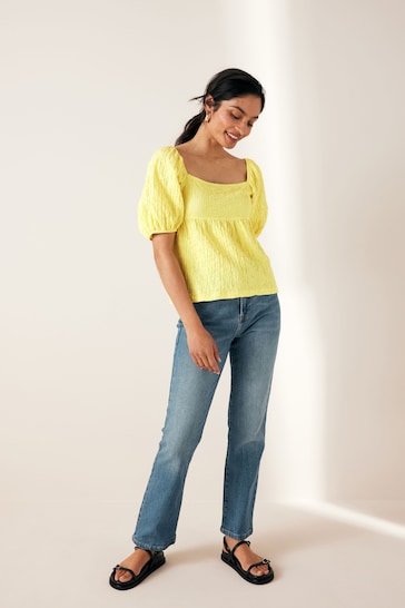 Yellow Textured Puff Sleeve Square Neck Top