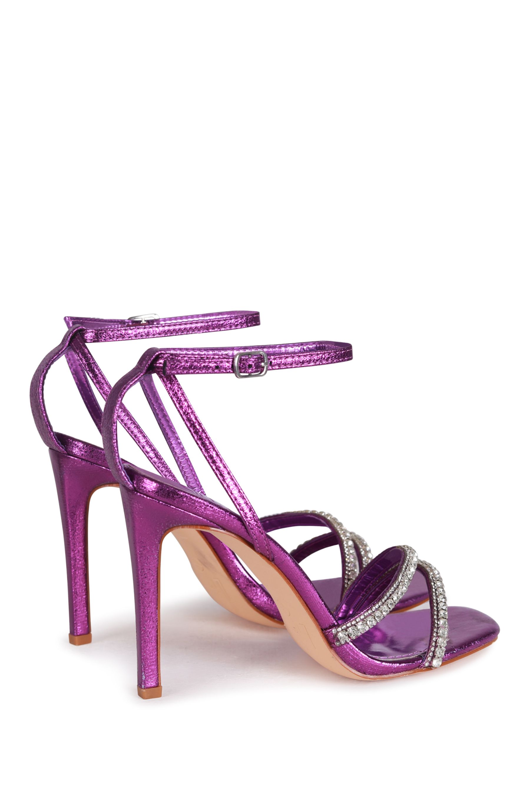 Linzi Purple Stiletto Heeled Sandals With Diamante Front Straps