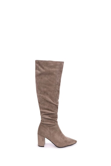 Linzi Brown Bonnie Faux Suede Block Heel Knee High Ruched Boots With Pointed Toe