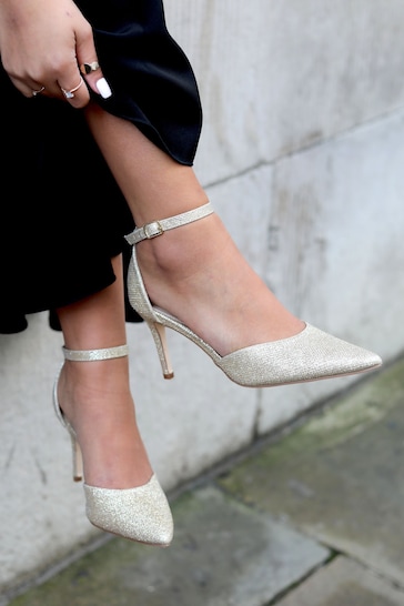 Linzi Gold Glitter Maci Stiletto Court Heels With Ankle Strap
