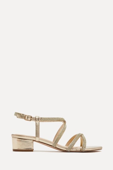 Linzi Gold Glow Barely There Low Block Heeled Sandals With Diamante Straps