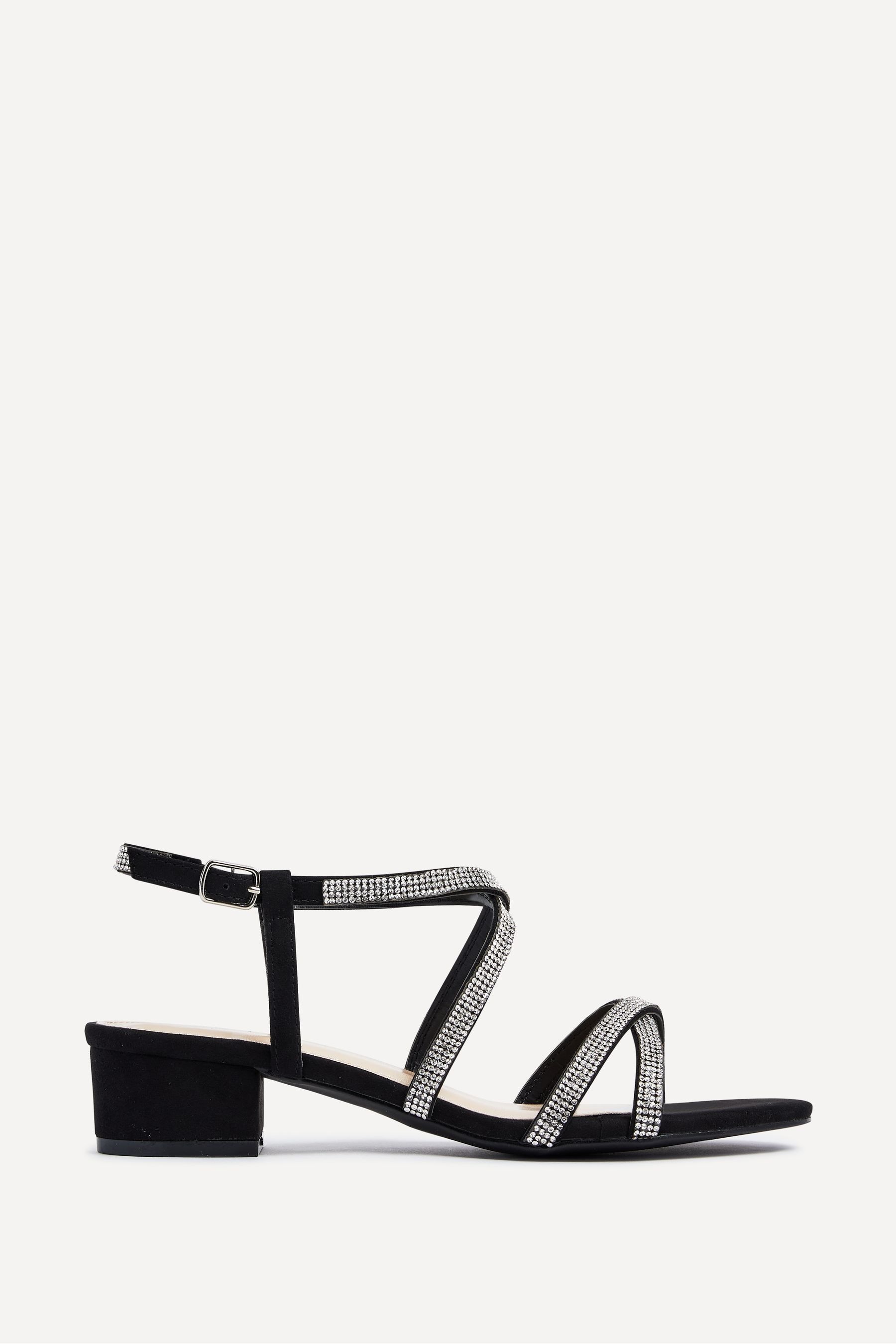 Linzi Black Glow Barely There Low Block Heeled Sandals With Diamante Straps