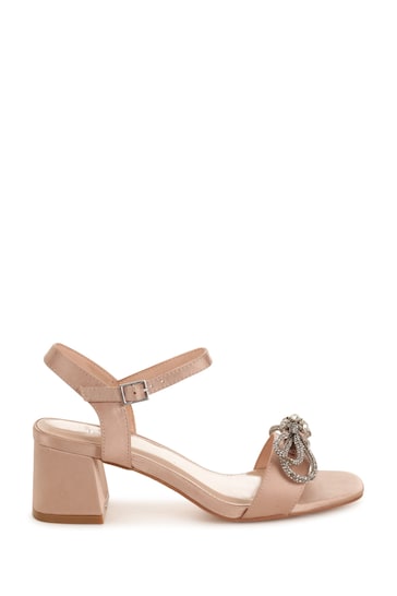 Linzi Gold Cashew Low Block Heeled Sandals With Diamonte Bow Detail