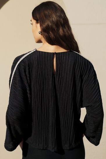 Black Crochet Long Sleeve Trim Blouse