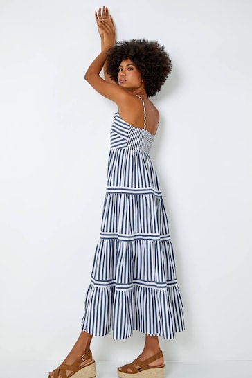 Roman Blue Cotton Stripe Tiered Maxi Dress