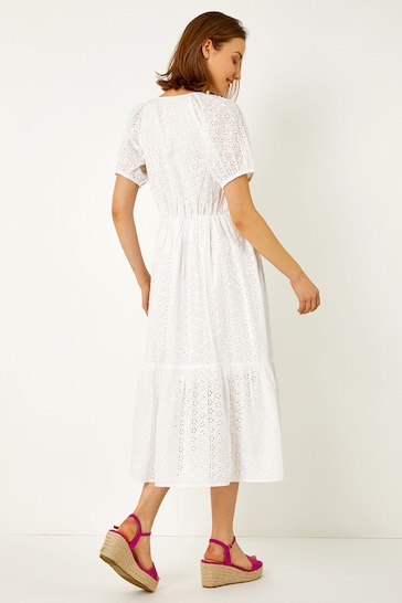 Roman White Broderie Puff Sleeve Tiered Midi Dress