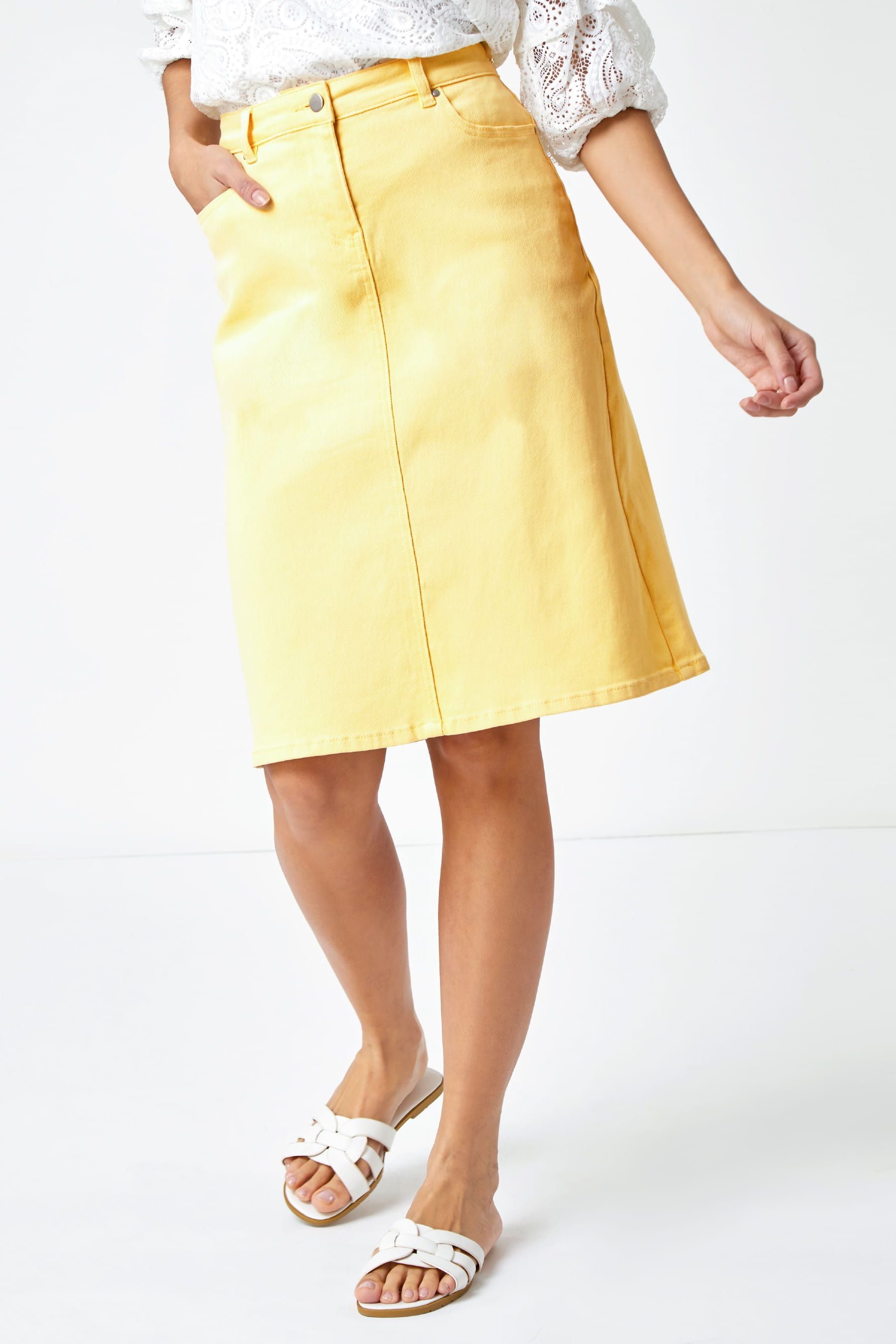 Knee length on sale denim skirt yellow