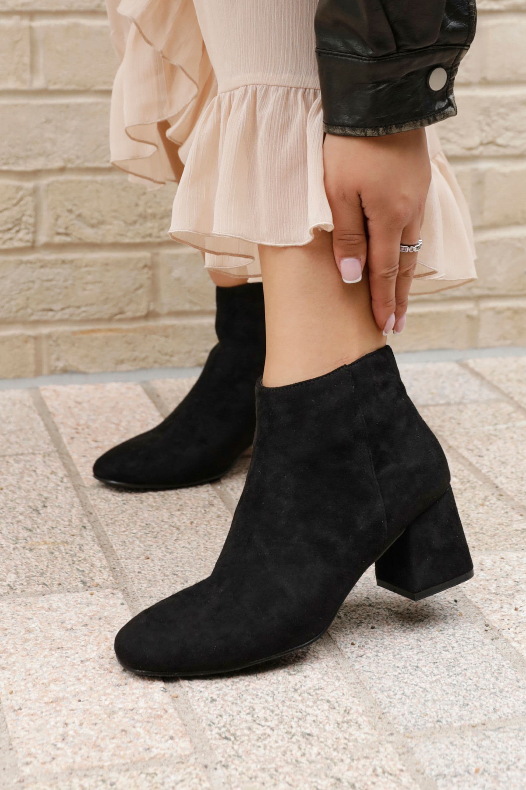 Black suede block heel booties hot sale