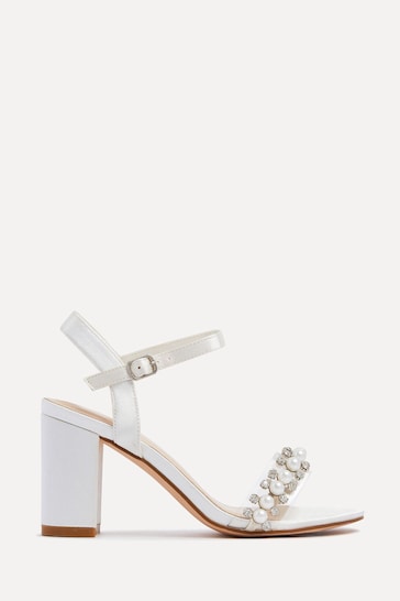 Linzi Cream Tinsley Block Heeled Sandals With Pearl and Diamante Front Strap