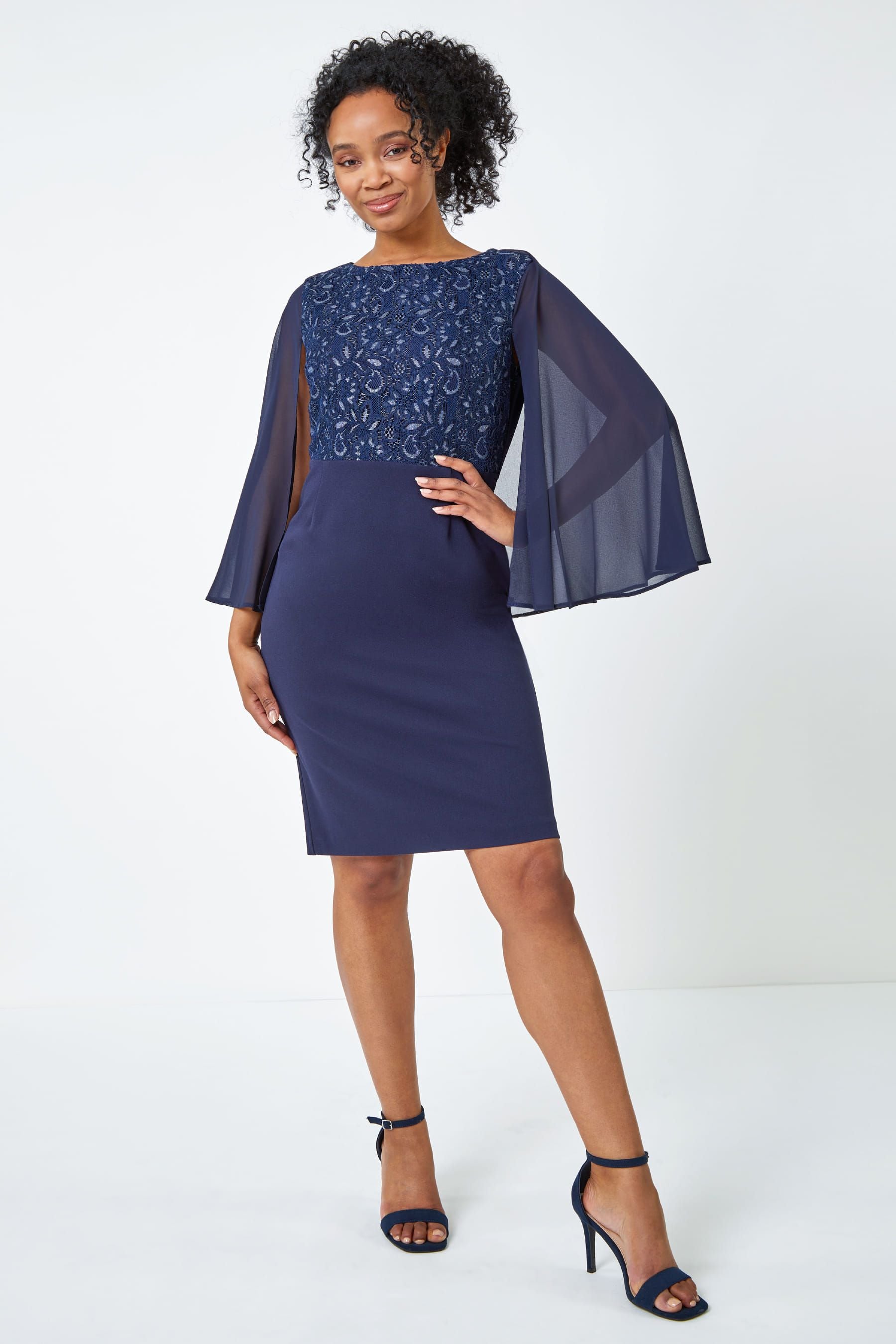 Buy Roman Blue Petite Lace Chiffon Cape Sleeve Dress from the Next