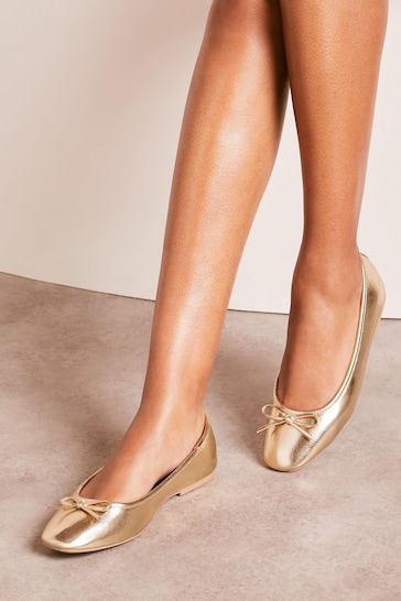 Lipsy Gold Regular Fit Square Tow Bow Ballet Pump