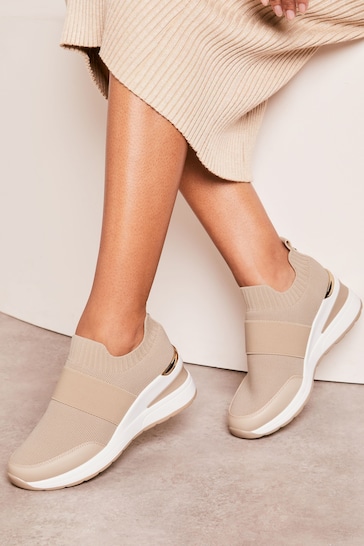Lipsy Nude Pink Flat Knit Stretch Wedge Trainer
