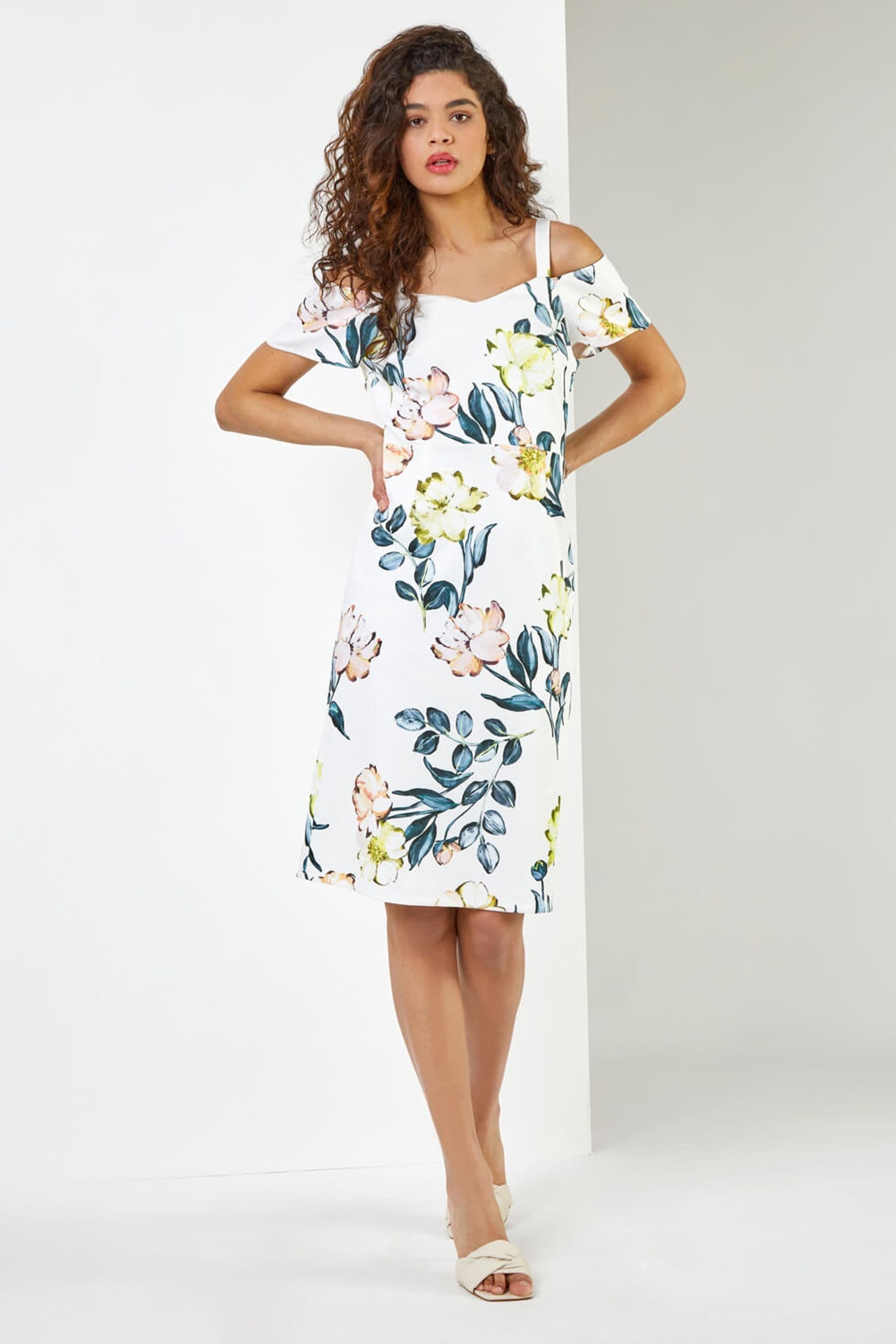 Roman White Floral Cold Shoulder Scuba Dress