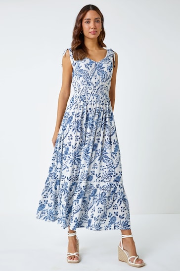 Roman Blue Floral Print Shirred Waist Midi Dress