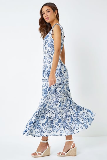 Roman Blue Floral Print Shirred Waist Midi Dress