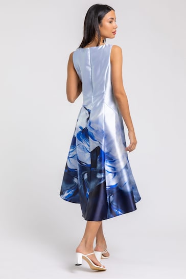 Roman Blue Floral Print Dipped Hem Midi Dress