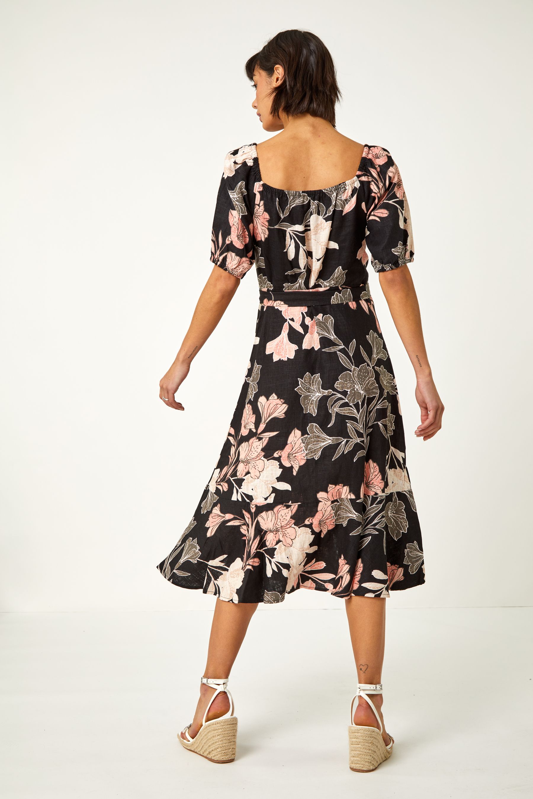 Buy Roman Black Floral Linen Blend Bardot Dress from the Next UK