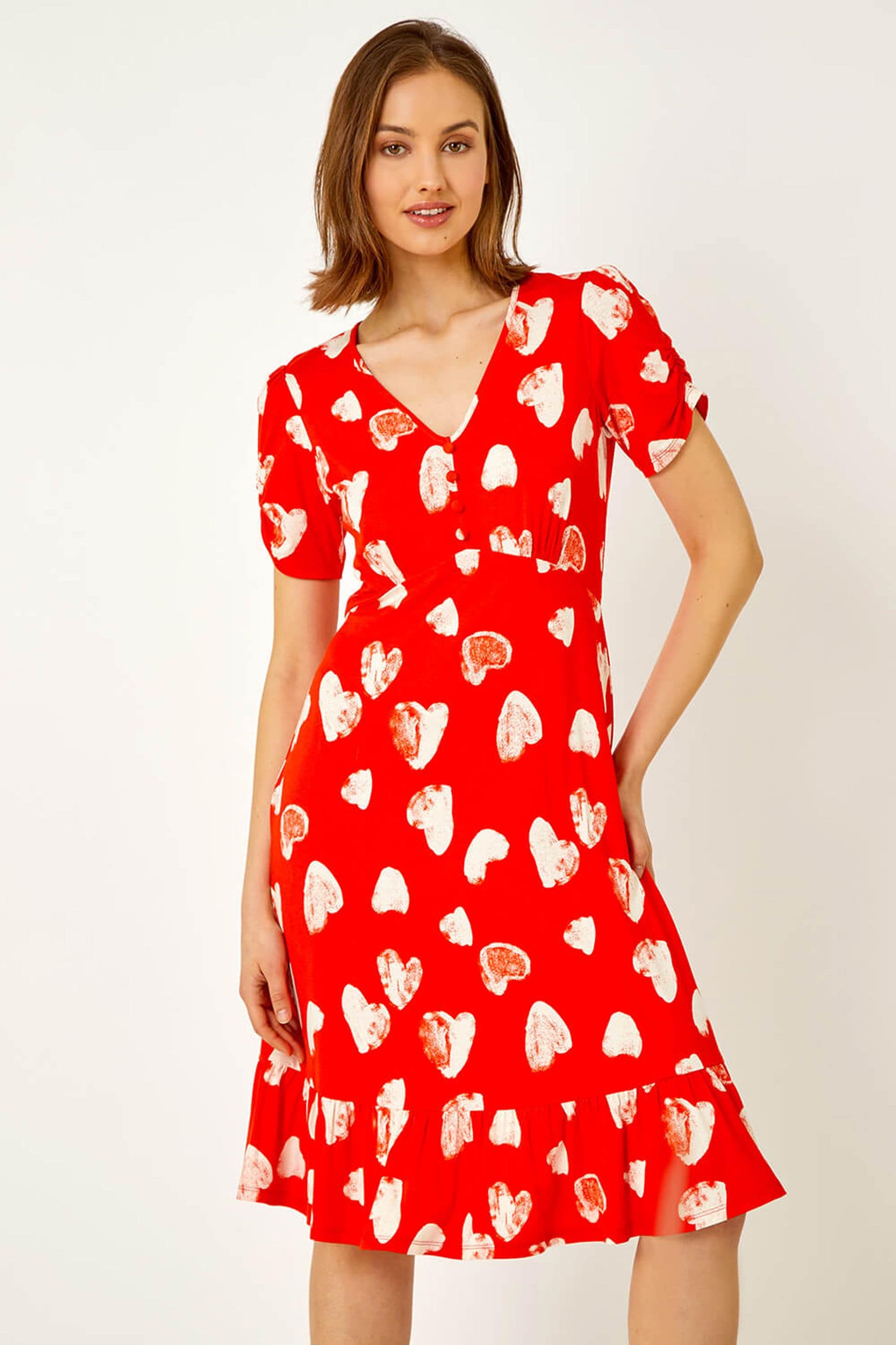 Roman Red Heart Print Frill Hem Stretch Dress