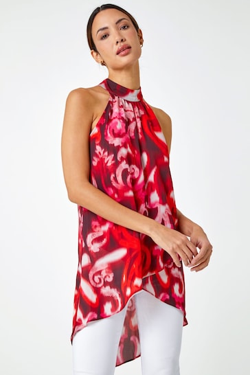 Roman Red Sleeveless Swirl Print Halter Neck Top